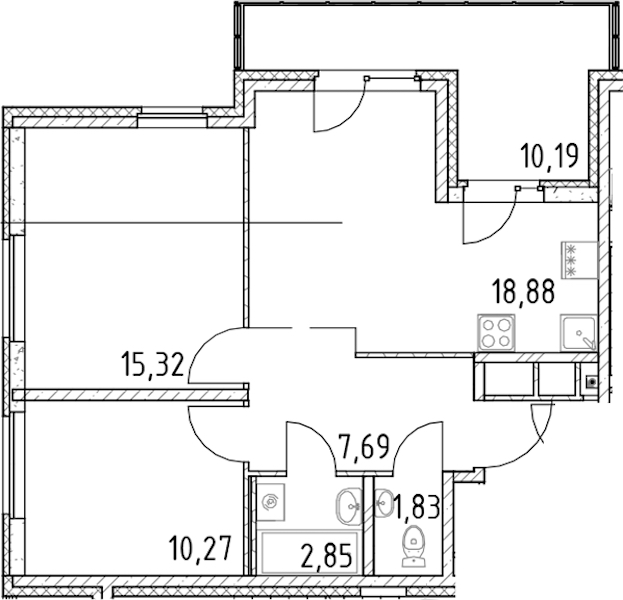 2-комнатная квартира 56.84 м², 17/23 эт., ЖК «Город Первых»